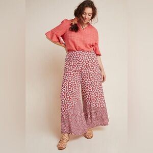 ANTHROPOLOGIE Annalee Floral Red Wide-Leg Pants Side Zip